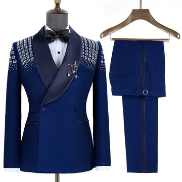 Fashion Men‘s Wedding Suits Shawl Lapel Blazer Rhinestone 2 Pieces Set Tuxedo Coat Double Breasted Customized Jacket Pants