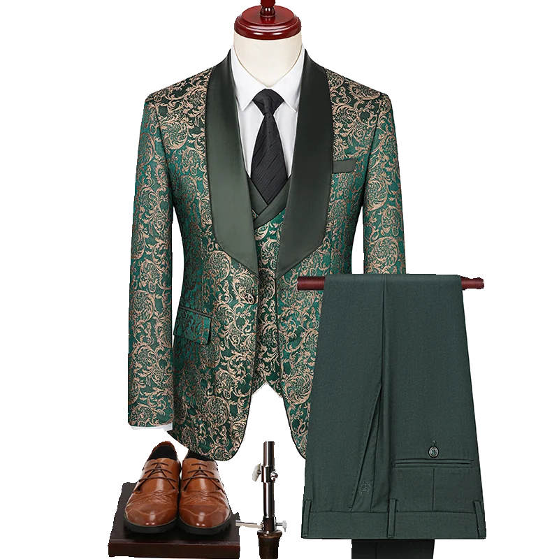 Men's British Style Business Casual Three-Piece Suit Vest Trousers High-Density Jacquard Wedding Dress