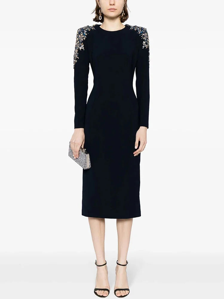 Designer Fashion Women's Long Sleeve Rhinestone Diamonds Beaded Midi Dress
