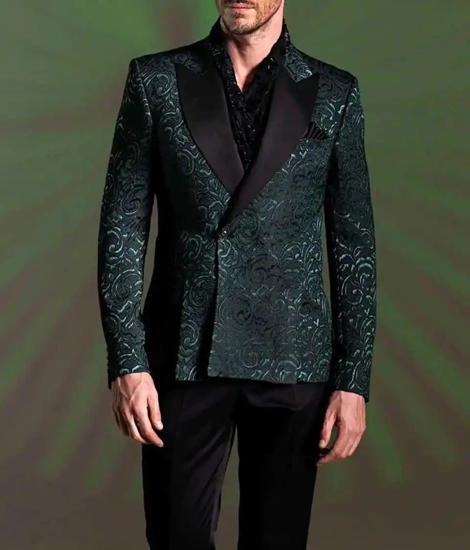 Elegant Jacquard Men's Suits 2 Pieces Blazer Pants Peaked Velvet Lapel One Button Wedding Slim Fit Custom Made Plus Size