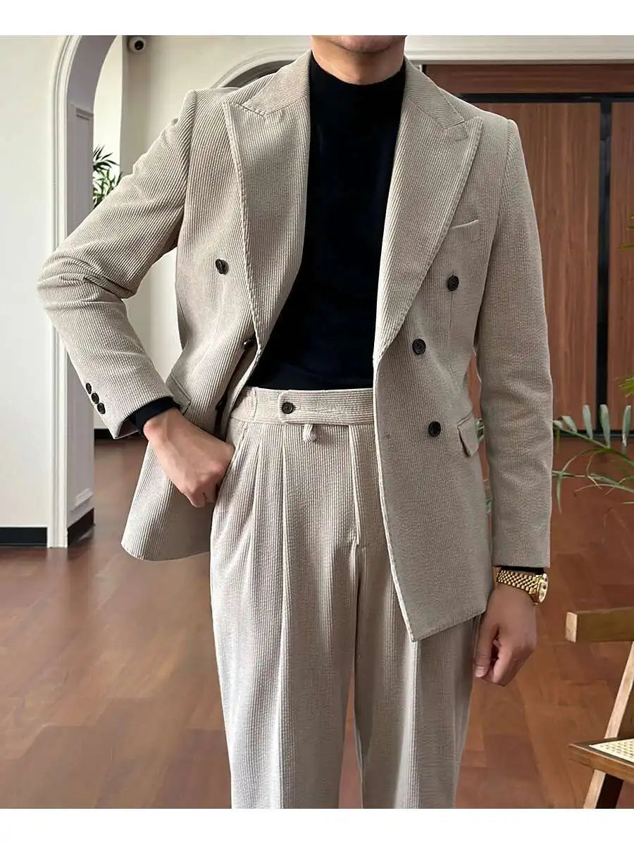 Autumn Thick Corduroy Groom Men Suit Designers Slim Fit Business Casual Double Breasted Suit Set Trend
