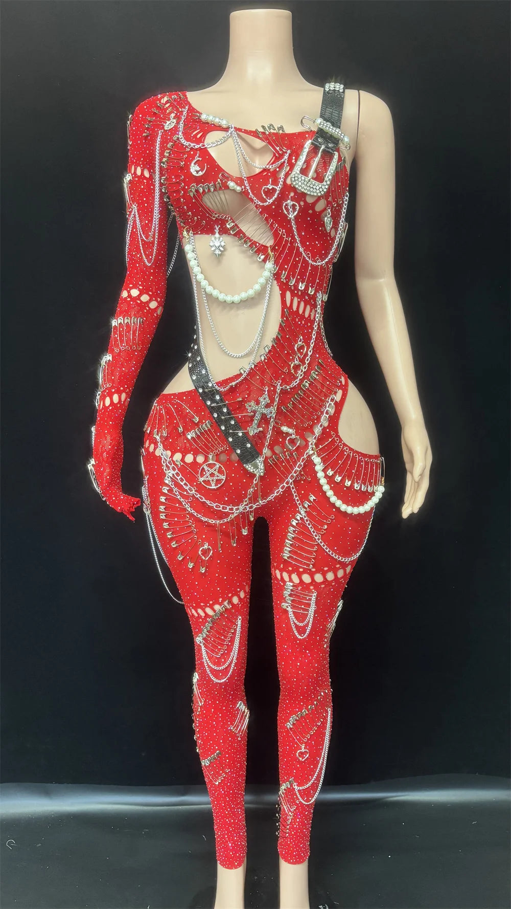 Combinaison ajourée à perles rouges scintillantes pour femme, tenue de fête d'anniversaire, sexy, asymétrique, tenue de danse, tenue de scène