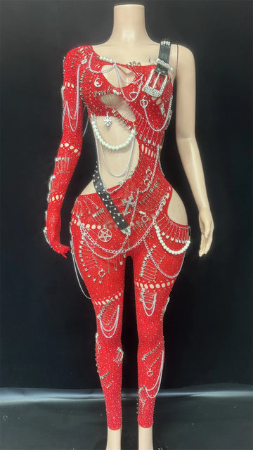 Combinaison ajourée à perles rouges scintillantes pour femme, tenue de fête d'anniversaire, sexy, asymétrique, tenue de danse, tenue de scène
