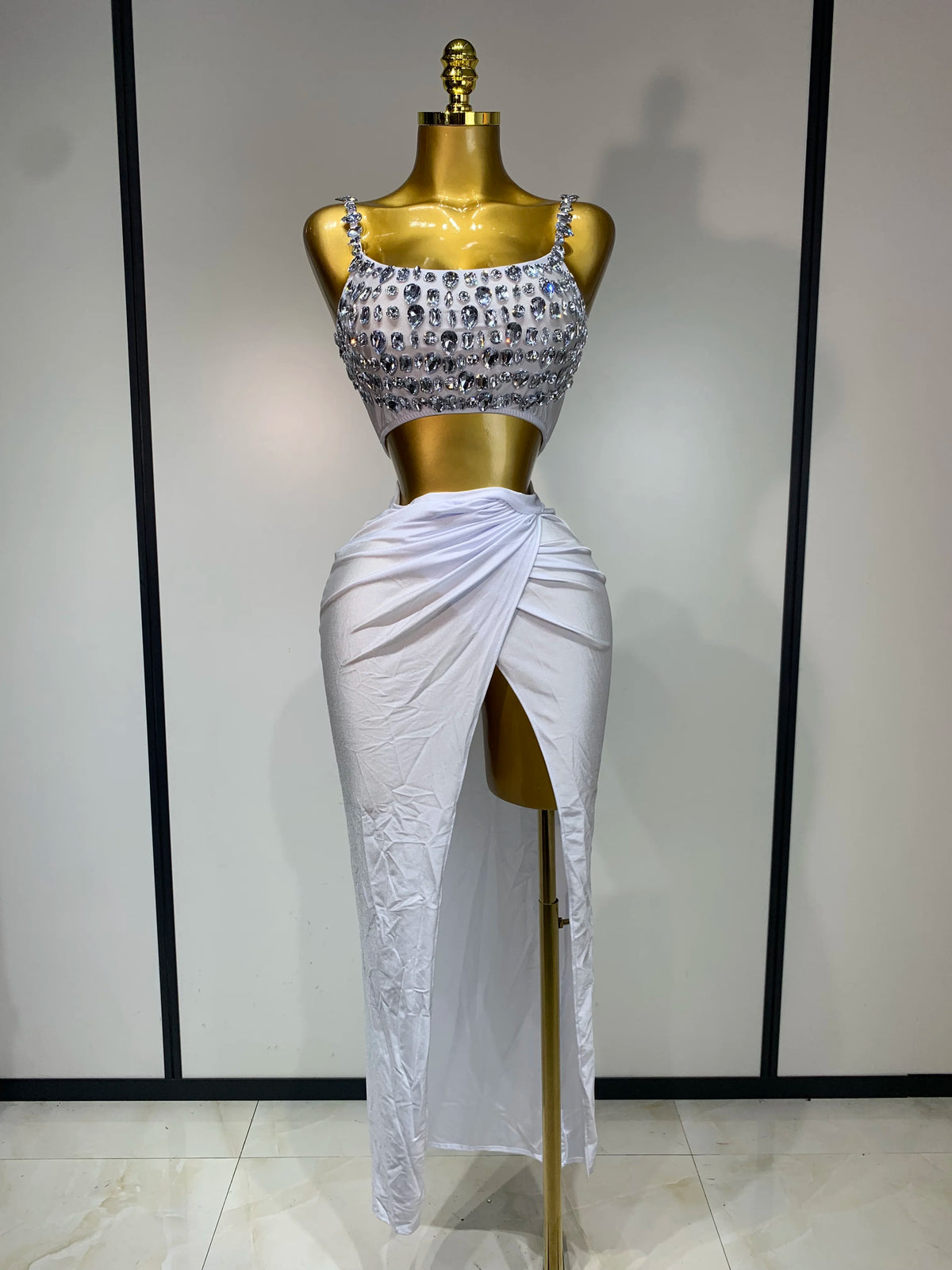 Women Sexy Sparkly Rhinestone Two Pieces Set Stretched Nightclub Skirt Suits Birthday Singer Dancer Stage Performance Costume