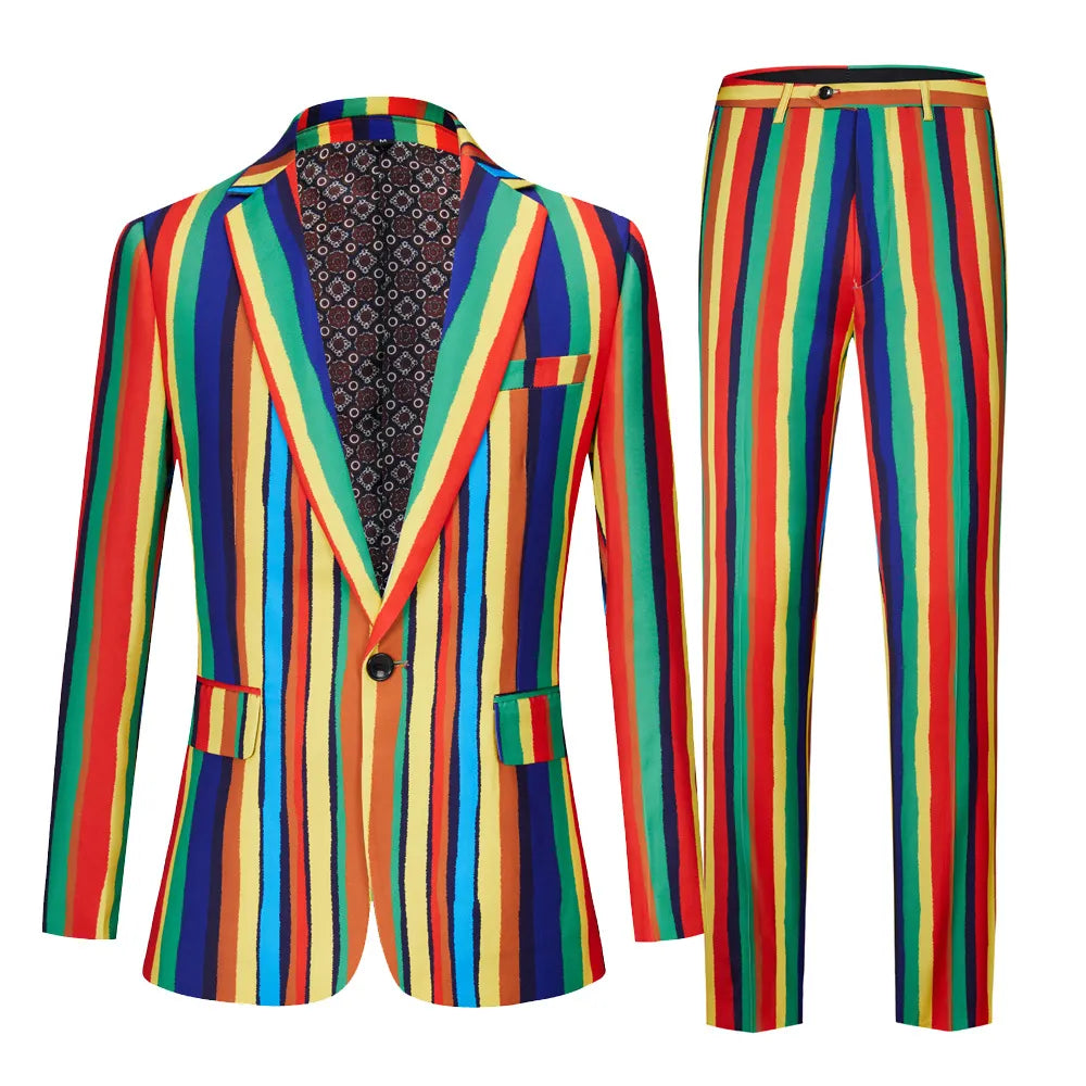 Nuevo vestido estampado de rayas coloridas para hombre, traje informal, abrigo, estudio de banquetes, anfitrión, estilista, traje de flores, conjunto de dos piezas 