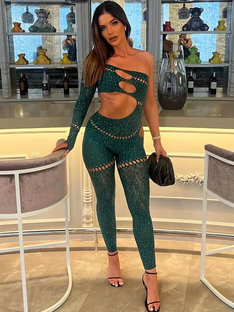 Sibybo - Mono sexy de un solo manguito rotador con agujeros y elástico alto, pantalones de color sólido con pedrería luminosa, ropa de calle para chica picante