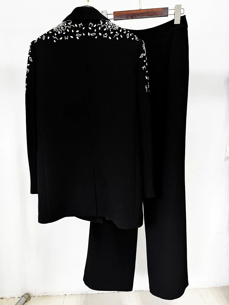 Designer Suit Women Beaded Diamonds  Shawl Collar Double Breasted Blazer Pants Set 2PC