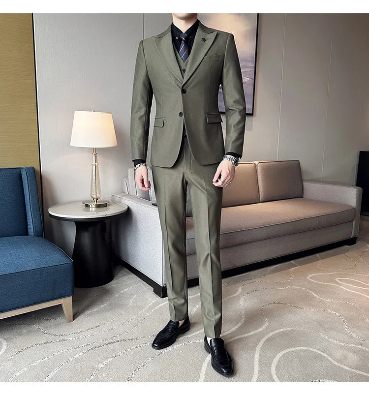 (Chaqueta + chaleco + pantalones) Traje de lujo de primavera para hombre, traje formal para novio, esmoquin de boda, traje ajustado para fiesta de trabajo, 3 piezas