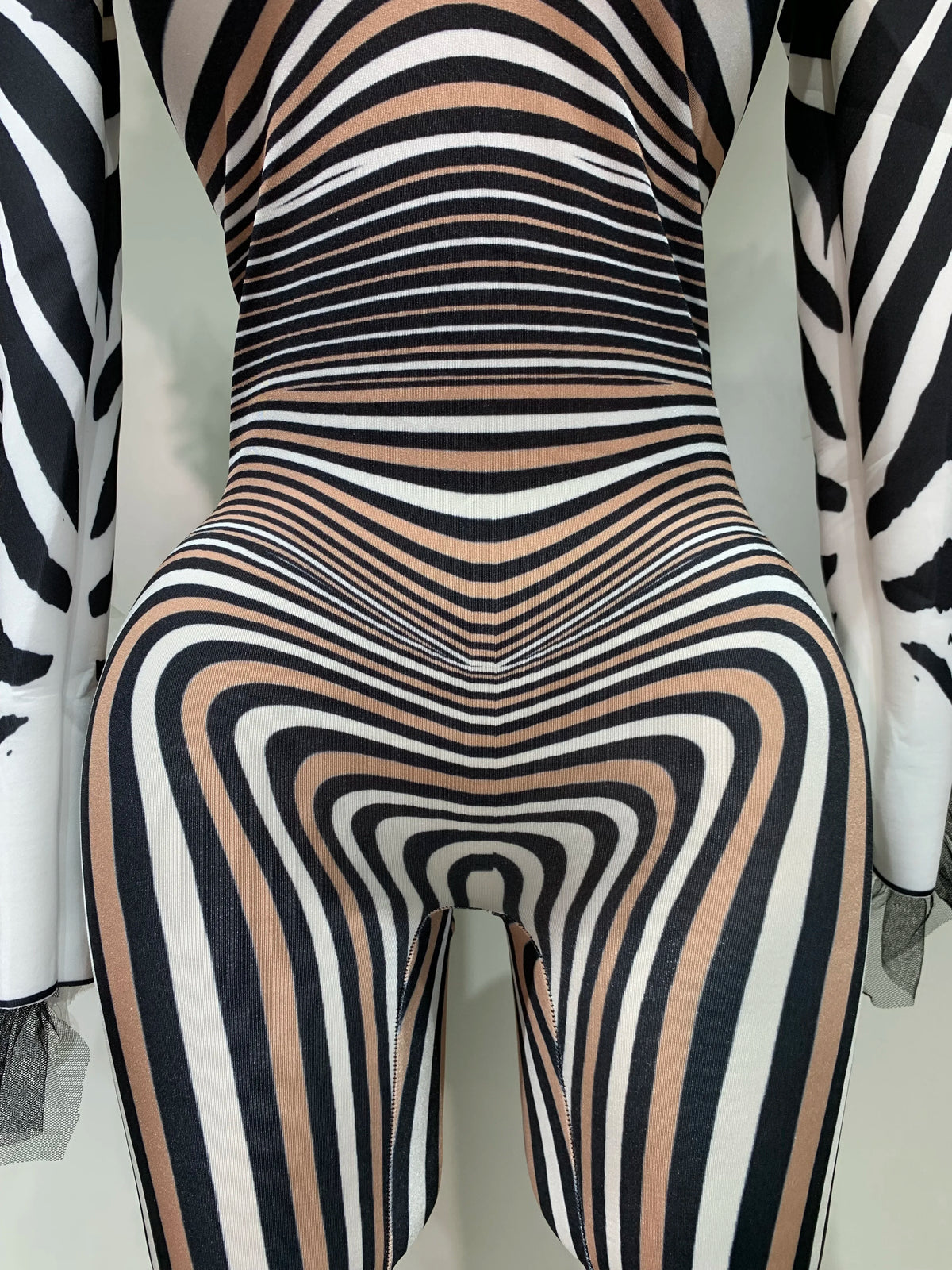 Women Long Sleeve Zebra Stripes Bodycon Jumpsuit Two Piece Set Birthday Party Nightclub Stage Performance Halloween Rompers