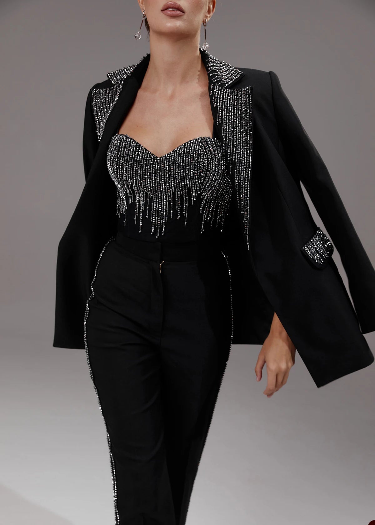 Ensemble 3 pièces blazer slim noir à paillettes pour femme, veste sur mesure pour soirée, bal, mariage