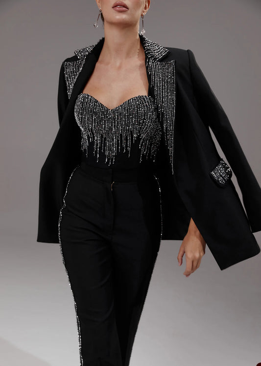 Trajes de pantalón y chaqueta de lentejuelas negras para mujer, ajustados, para niña, 3 piezas, hechos a medida, para fiesta, graduación y boda.