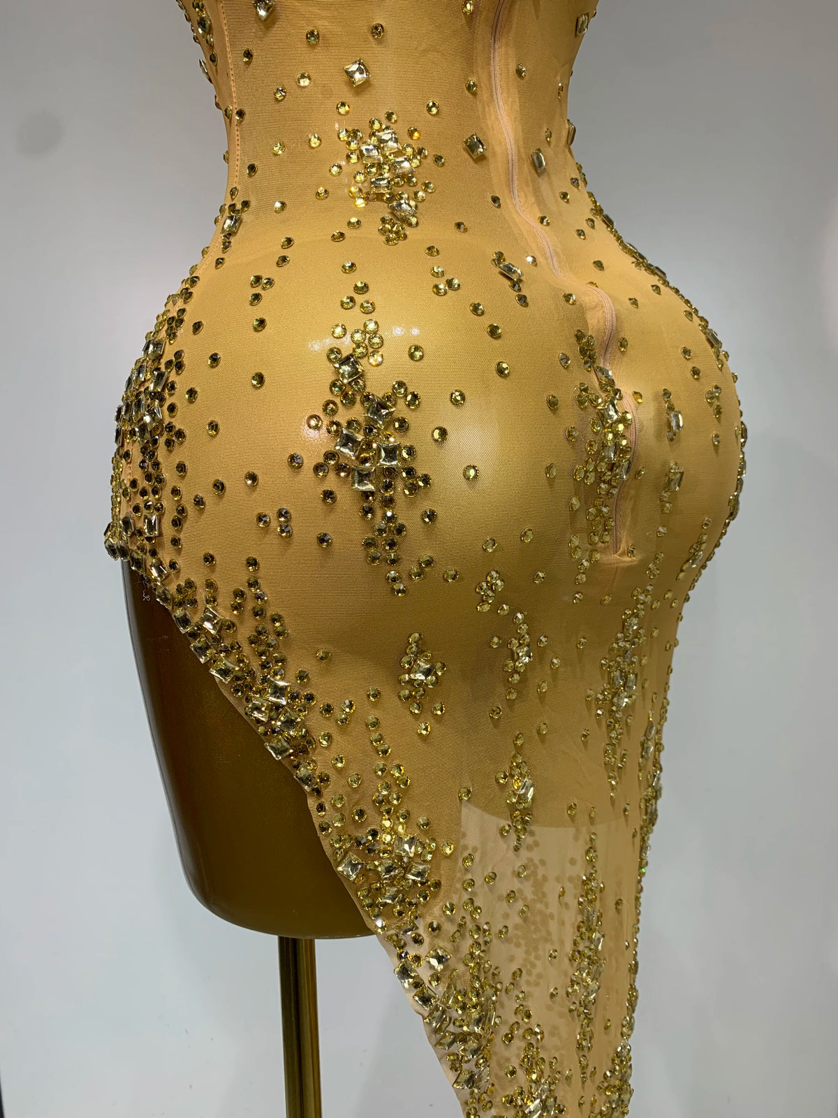 Sparkly Crystal Diamond Gold Sexy See-Through Sheath Dress Nightclub Performance Custom Stage Wear Birthday Evening Party Dress