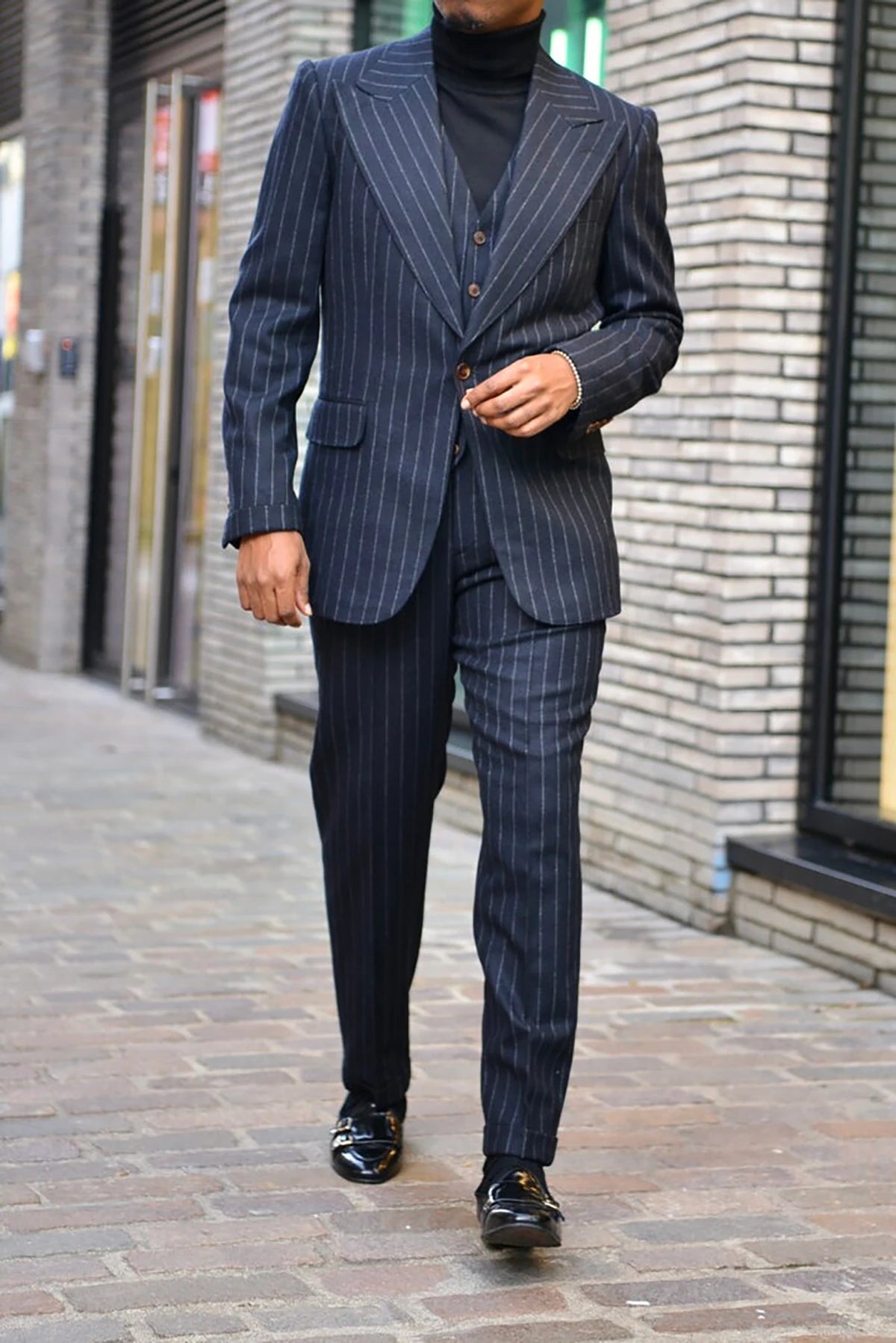 Costume de marié bleu marine à rayures pour homme, smoking de mariage, veste à revers pointu avec pantalon, costume d'affaires 2 pièces, blazer et pantalon