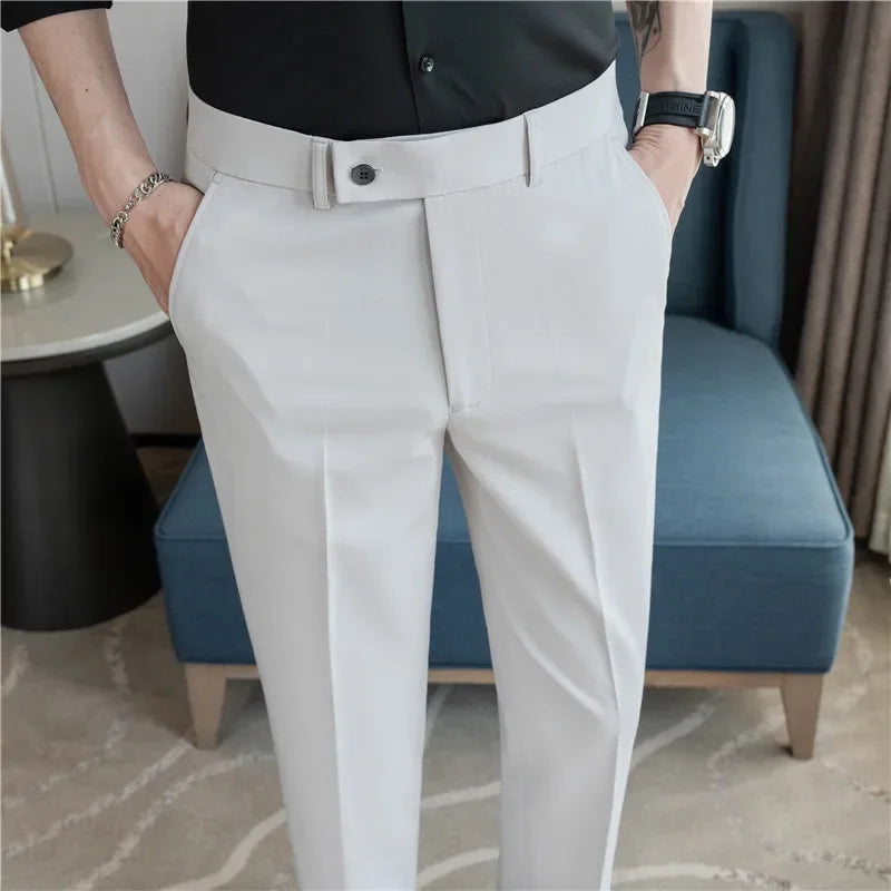Thin White Elastic Nine Cent Suit Pants for Men,gray Blue Four-side Elastic Comfortable Drape Men's Casual Trousers