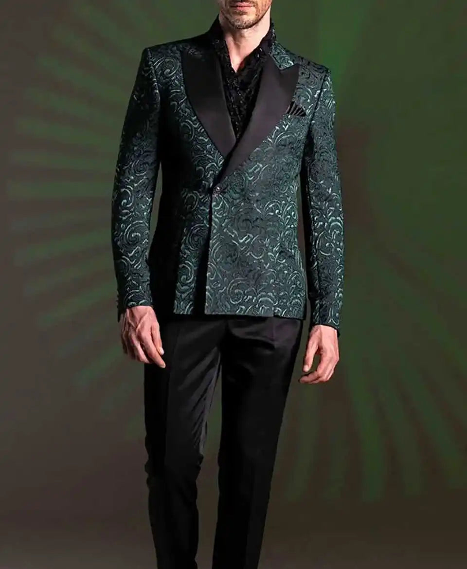 Elegant Jacquard Men's Suits 2 Pieces Blazer Pants Peaked Velvet Lapel One Button Wedding Slim Fit Custom Made Plus Size