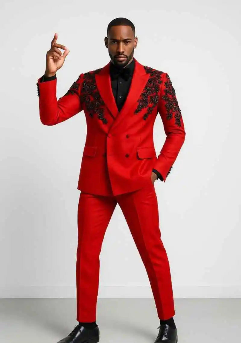 Appliques Classic Wedding Suits For Groom Peaked Lapel Double Breasted Tuxedos 2 Pcs Jacket Pants Evening Party Prom Customized