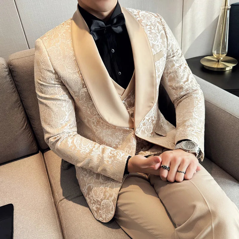 Men's British Style Business Casual Three-Piece Suit Vest Trousers High-Density Jacquard Wedding Dress