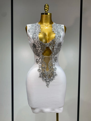 Women Sexy V Neck Cut Out Short Bandage Dress Silver Sequin White Elegant Luxury Birthday Party Club Wedding Vestidos