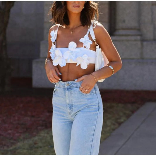 Fashion 3D Flower Spaghetti Strap Top Lace-up V-Neck Camisole Sleeveless New Sexy Crop Tops for Women