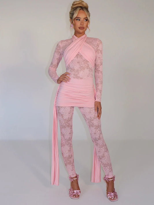 Sexy Patchwork Jumpsuit Women Ribbons Basics Solid Color Long Sleeve See Through Rompers One Piece Party Overalls
