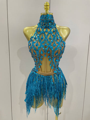 Sexy Shining Diamond Sequins Tassels 2 Pieces Set Mini Dress Women Evening Birthday Party Nightclub DJ Stage Costume