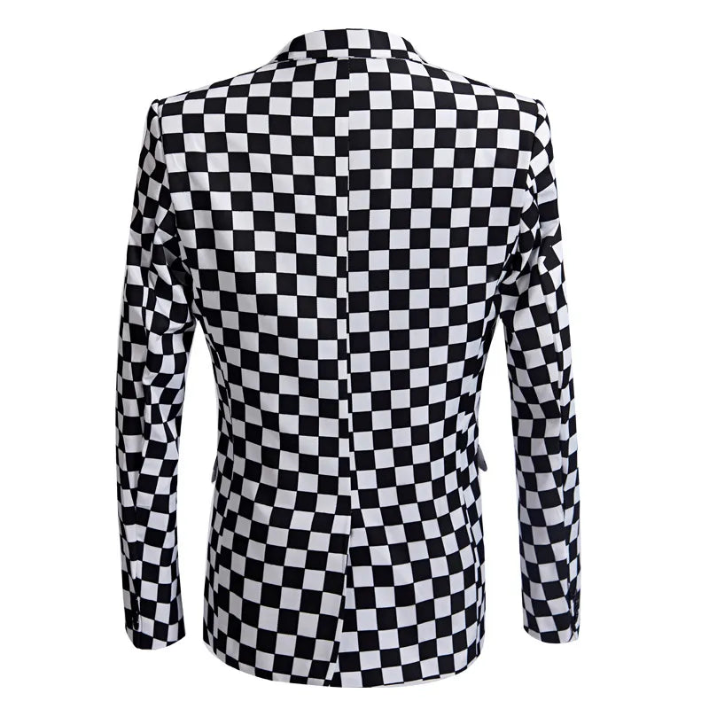 Vestido con estampado de cuadros en blanco y negro para hombre, traje informal, abrigo, presentador, peluquero, flores 