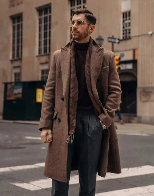 Casual Men Long Coat Double Breasted Wool Blends Business Formal Overcoat Peaked Lapel  Winter Warm Jacket Customized