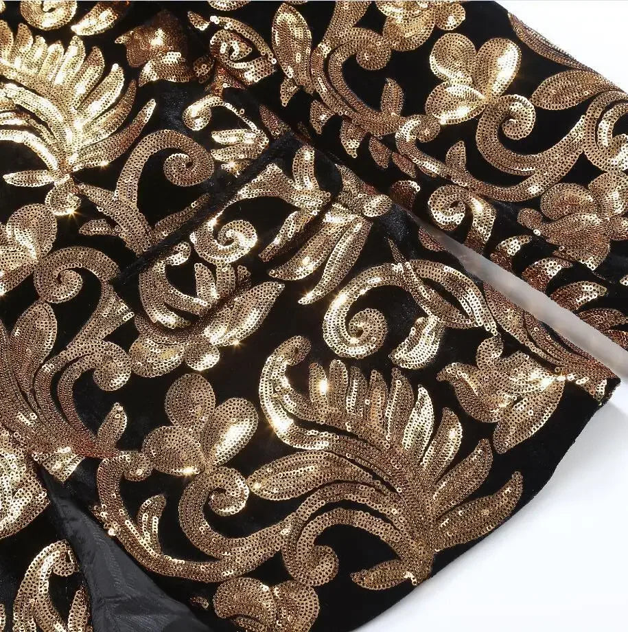 (Blazer + Trousers) Men's Gold Velvet Fashion Elegant Casual Wedding Banquet Party Sequin Costumes Two Piece Set
