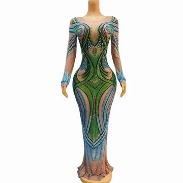 Sexy Sparkly Blue Pearls Green Rhinestones Nude Transparent Dress Birthday Celebrate Costume Evening Dance Performance Gowns