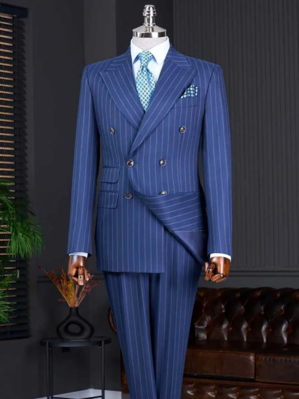 Business Blue Wedding Tuxedos 2 Piece Set Jacket Pants Peaked Lapel Men Suit Formal Trim Groom Wear Party Suits Customized