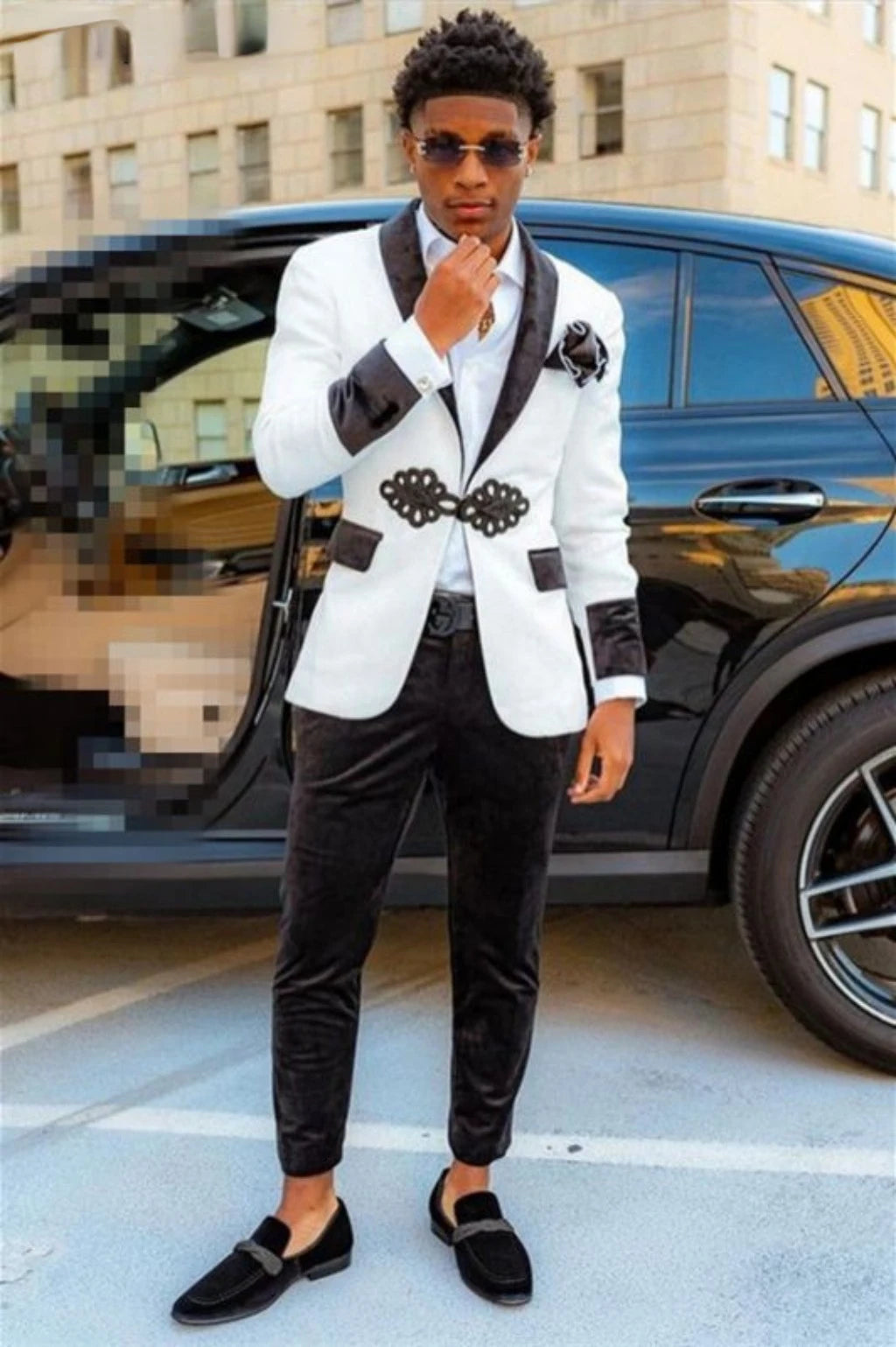 Costume élégant en velours noir et blanc pour homme - Smoking 2 pièces coupe slim pour bal, mariage et événements formels