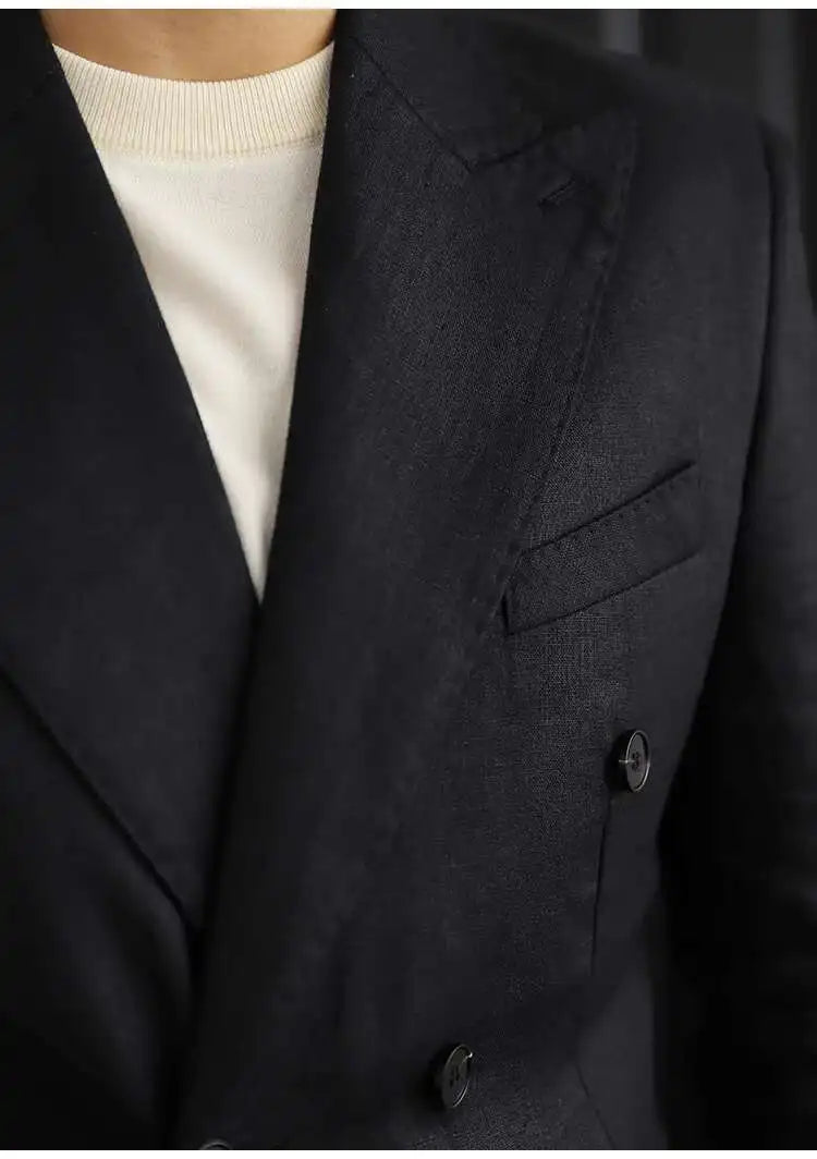 Luxury Linen Double Breasted Italian Suit for Men's Versatile Slim Fit Business Lapel Collar Retro Suit