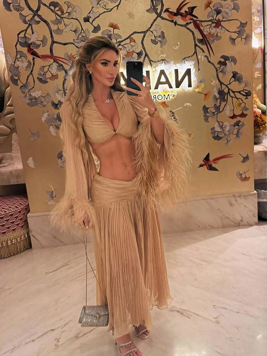 Trend Long Sleeves Dresses Set Women Tassels Skirt Set Outfits High Street Lady Evening Party Dresses Set Female Getways