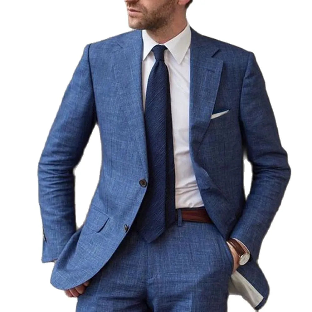 Ensemble blazer en lin bleu pour homme, costume de mariage d'été, smoking de marié, 2 pièces, veste cintrée, style professionnel