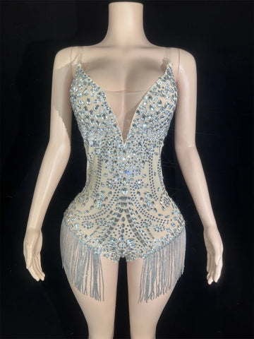 Sparkly Rhinestones Chain Tight Bodysuit for Women Sexy Backless Halter Mesh Performance Leotard Night Club Luxury Clothers