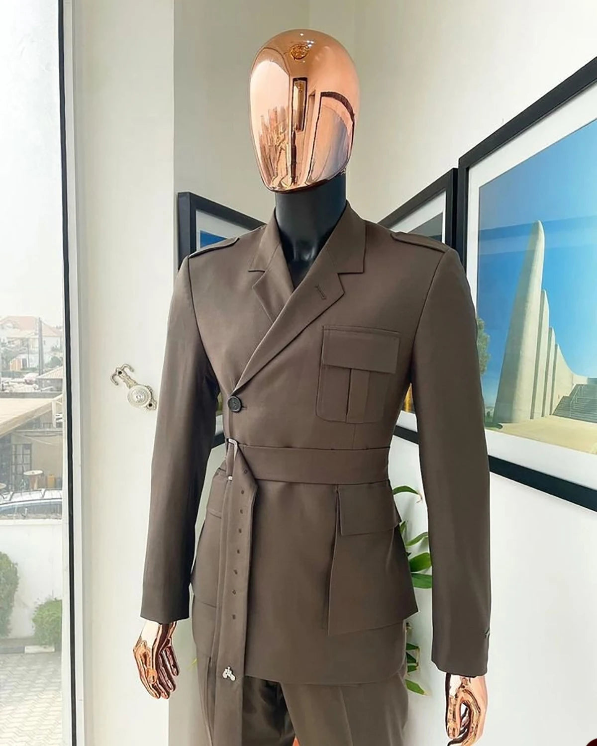 Modern Men's Suits Tailored 2 Pieces Blazer Pants Single Breasted Peaked Lapel With Belt Formal Work Wear Custom Made Plus Size