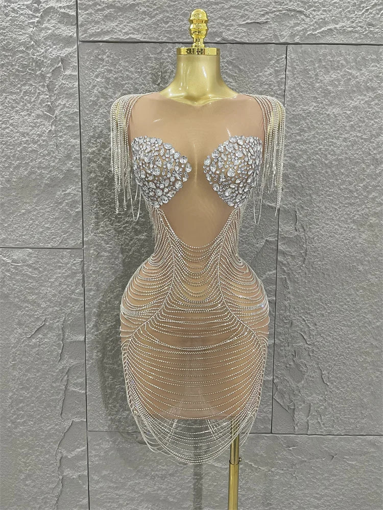 Robe moulante sexy en maille transparente avec gros cristaux pour femme, tenue scintillante pour célébrer une soirée en boîte de nuit, un anniversaire ou une scène