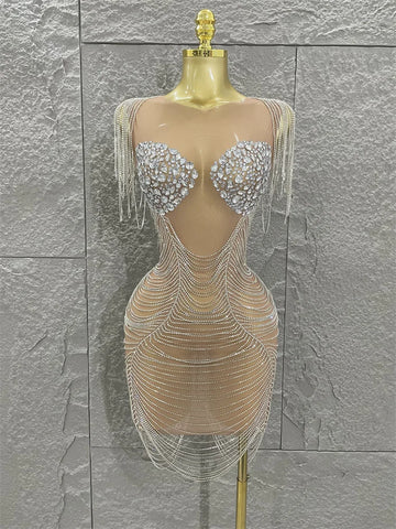 Robe moulante sexy en maille transparente avec gros cristaux pour femme, tenue scintillante pour célébrer une soirée en boîte de nuit, un anniversaire ou une scène