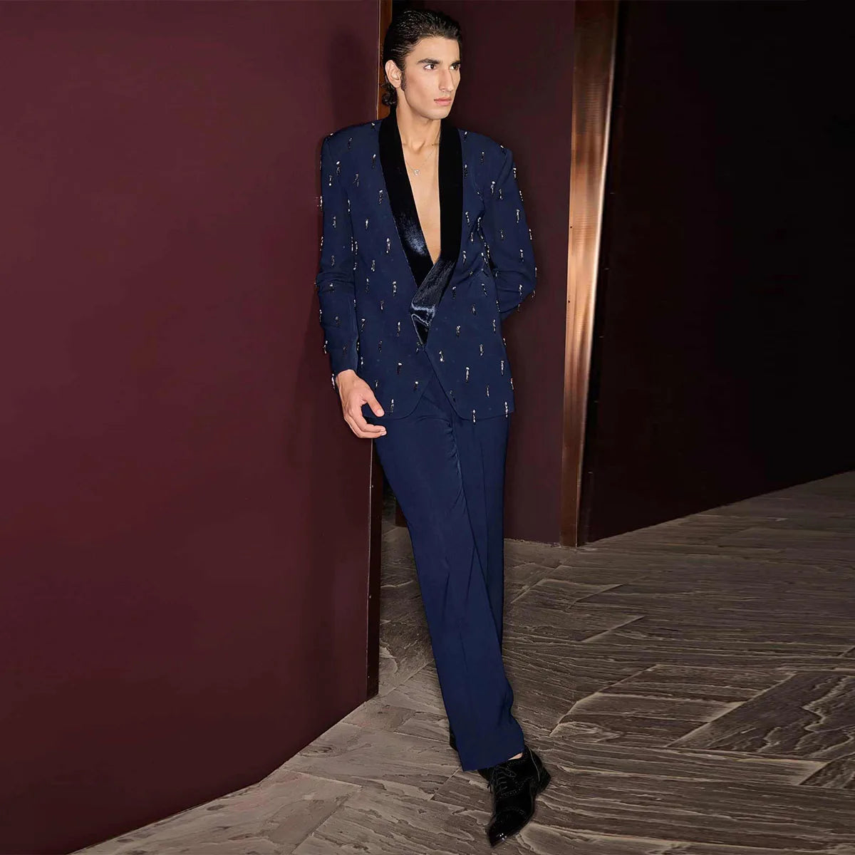 Customized Men Suits 2 Pieces Sets Single Breasted Groom Male Blazers Wedding Diamond Beaded Ropa Slim Fit Party Tuxedos