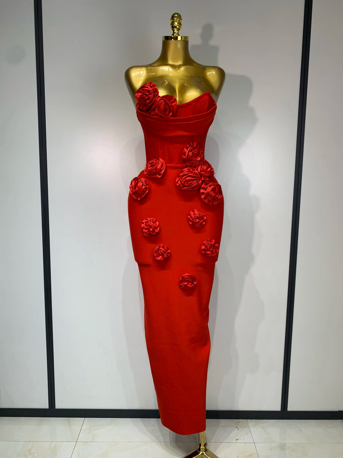 Women Sexy Strapless Backless Red Flower Midi Bandage Dress Celebirty Elegant Evening Club Party Birthday Dresses