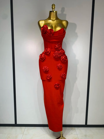 Women Sexy Strapless Backless Red Flower Midi Bandage Dress Celebirty Elegant Evening Club Party Birthday Dresses