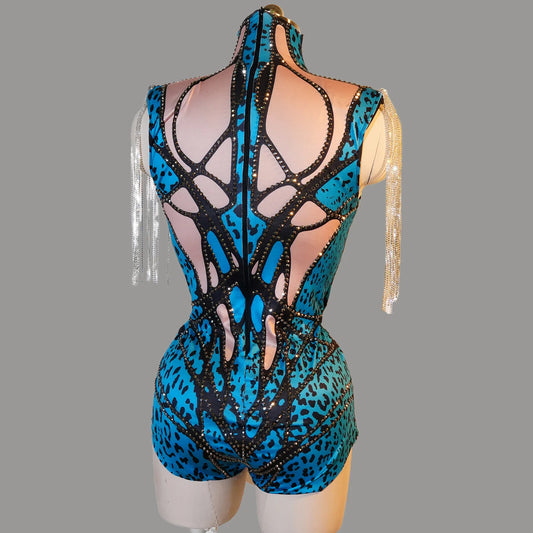 Sexy High Neck Sleeveless Bodysuit Blue Patterns Shiny Sequins Silver Tassels Costume Party Show Performance Drag Queen Outfit
