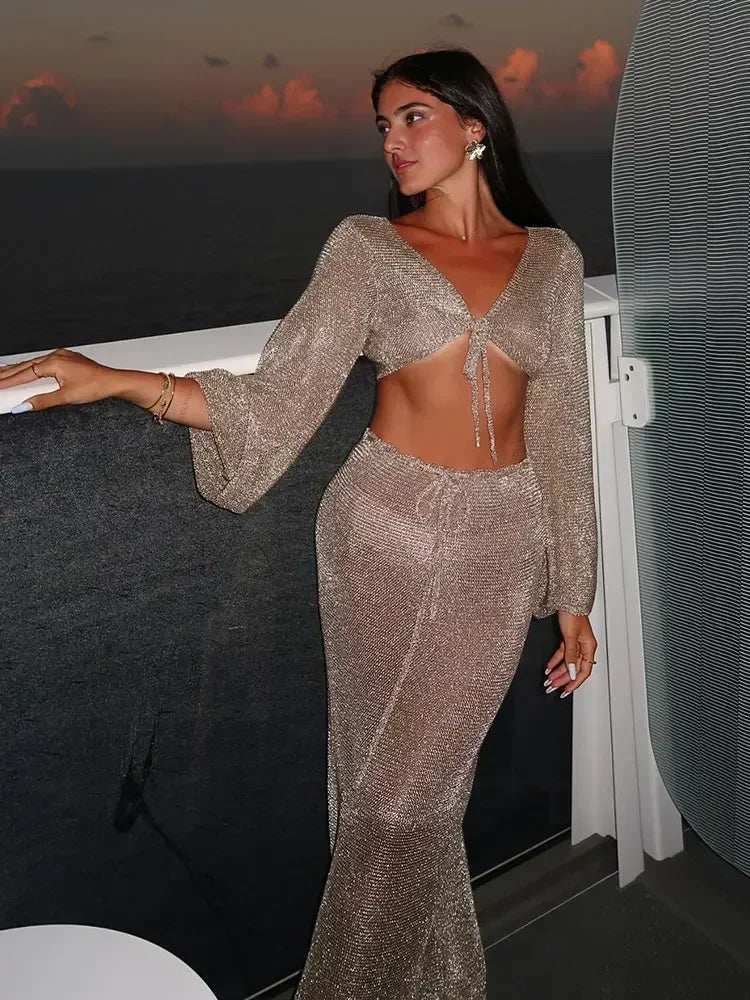 Solid Colour Sexy Beachwear Swimsuit Cover Up Knit Two-piece Summer Women's Big Bell Sleeve Lace-up Top Long Skirt Set