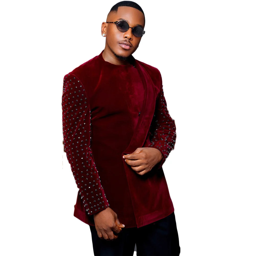 Costume homme unique sur mesure, manteau une pièce, blazer à revers châle, velours perlé, occasion formelle, célébrité, veste personnalisée uniquement