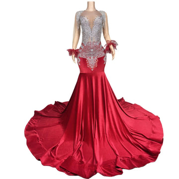 New Sparkly Red Sequin Mermaid Prom Dresses Luxury Silver Crystal Beaded Sheer Neck Long Prom Gowns for Black Girls
