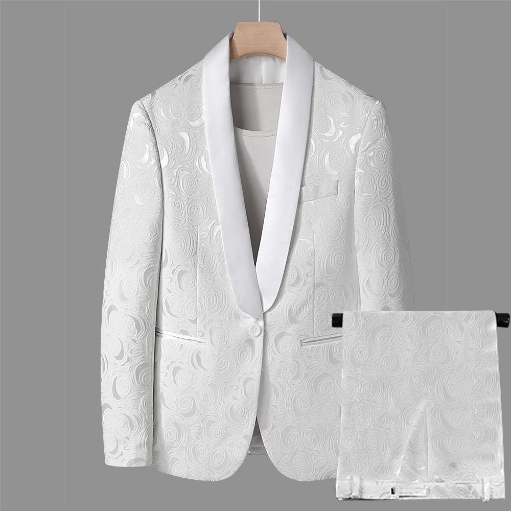 Navy Blue Floral Pattern Blazer Suit Set for Men Elegant Tuxedo Jacket with Pants Perfect for Weddings and Formal Events Fashion Outfit