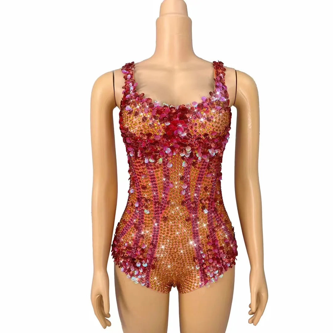 Sparkly Rhinestones Sequins Sleeveless Red Bodysuit Women Sexy Performance Dance Costume Singer Stage Wear Nightclub Outfit