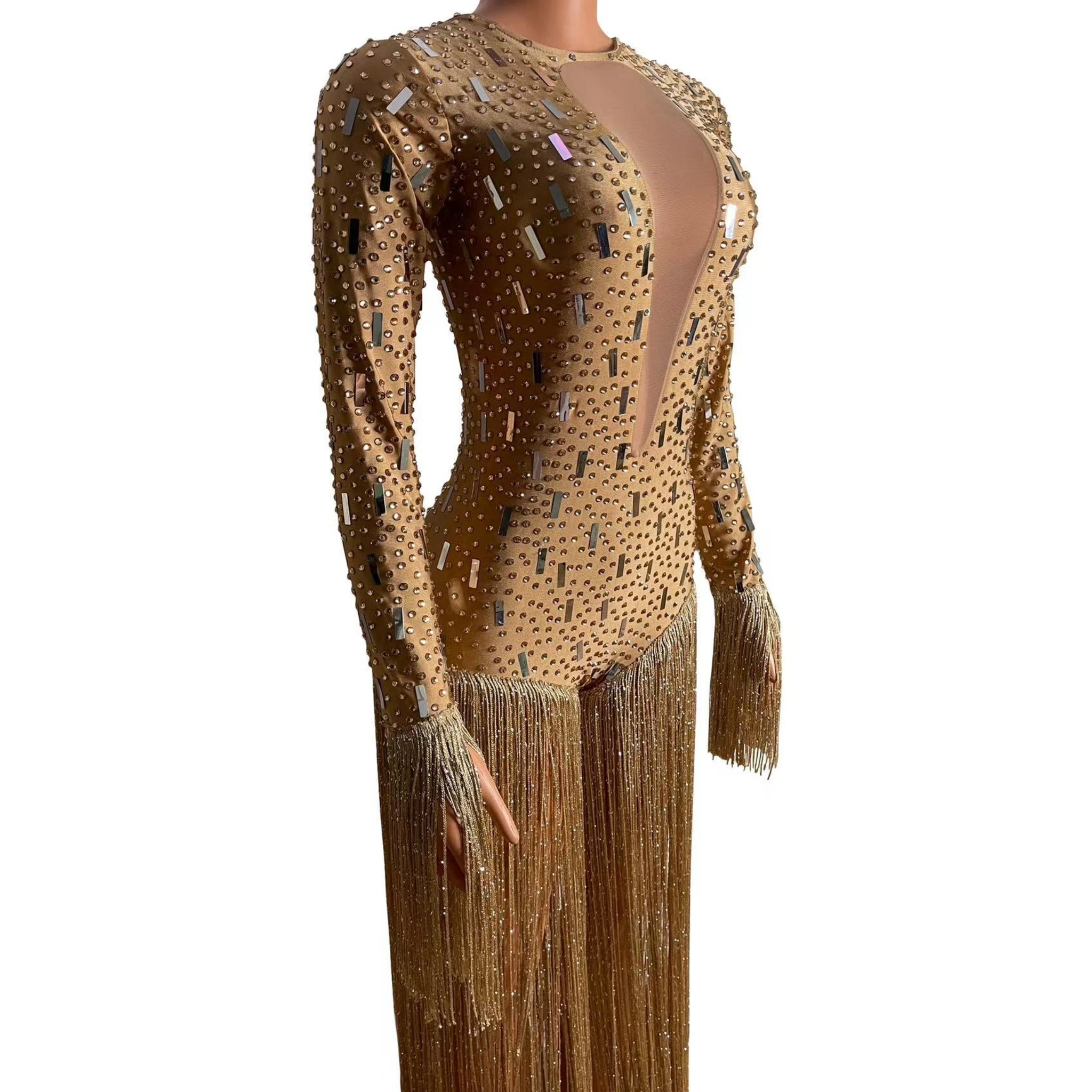 Luxury Wowen Sexy Long Sleeve Tassel Gold Backless Jumpsuit Performance Dance Costume Nightclub Stage Wear Party Rompers