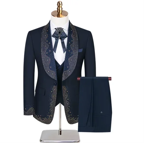 Luxury Wedding Suit for Fashion Men Beaded Slim Fit Groom Tuxedo Gentleman Party Suit 3 Pieces (Jacket+Pants+Vest)