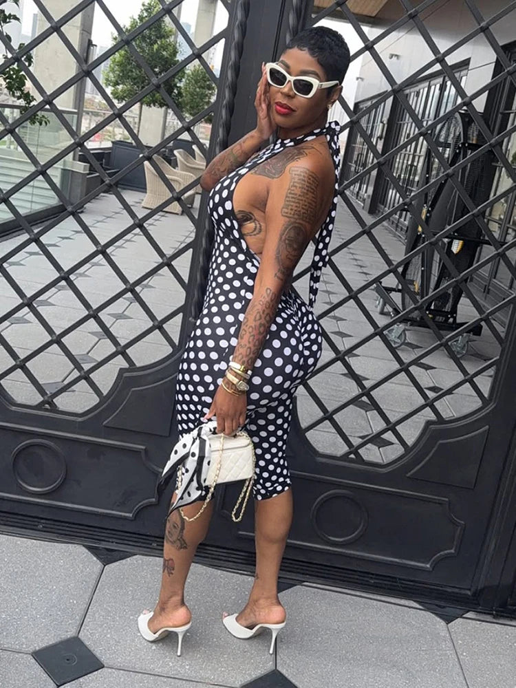 Classic Dot Printed Women Playsuits Summer Trend Panelled Halter Sleeveless Slim Rompers Mujer Hotsweet Street Clubwear